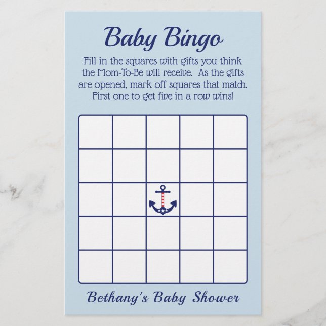 Flyer Juego de Bingo Patriótico Anchor Boy Baby Shower (Frente)