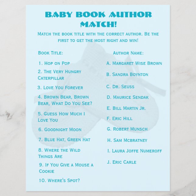 Flyer Juego de coincidencia de libros para baby shower (Frente)