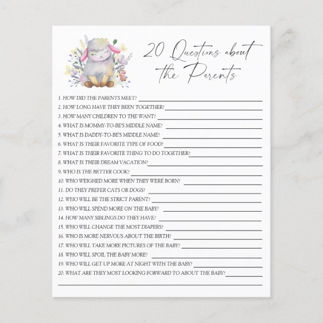 Flyer Juego de cordero y Fiesta | 20 preguntas sobre los (Frente)