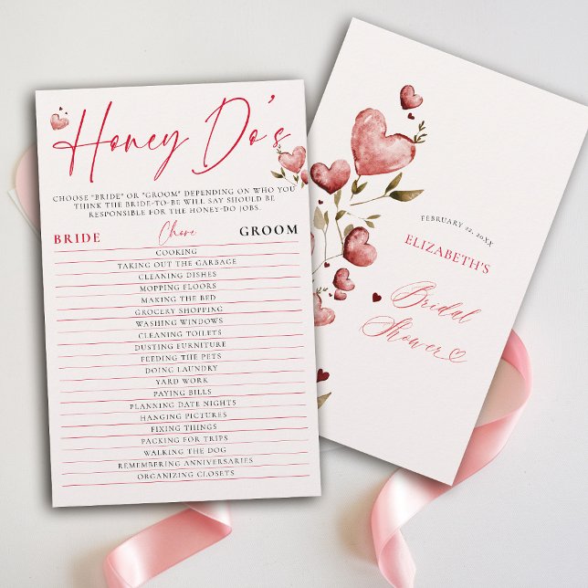 Flyer Juego de Despedida de Soltera de San Valentín Hone (valentine bridal shower game honey do list brunch bubbly watercolor hearts showered with love)