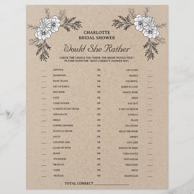 Flyer Juego de Ducha de Novia Rustic Kraft Would She Rat (Frente)