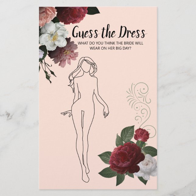 Flyer Juego de ducha de novias Borgoña Rosa adivina el v (Frente)