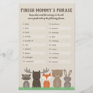 Flyer Juego de frases de mamá para baby shower en bosque