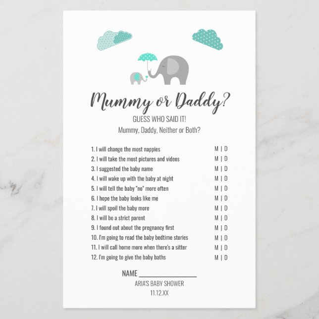 Flyer Juego de Mamá Elefante Bebé con Nubes Mamá/Papá (Frente)
