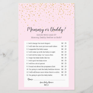 Flyer Juego de mamá o papá de Baby Shower rosado y de co