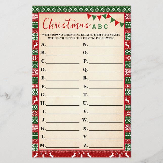 Flyer Juego de Navidad ABC Suéter Feo Tarjeta (Frente)