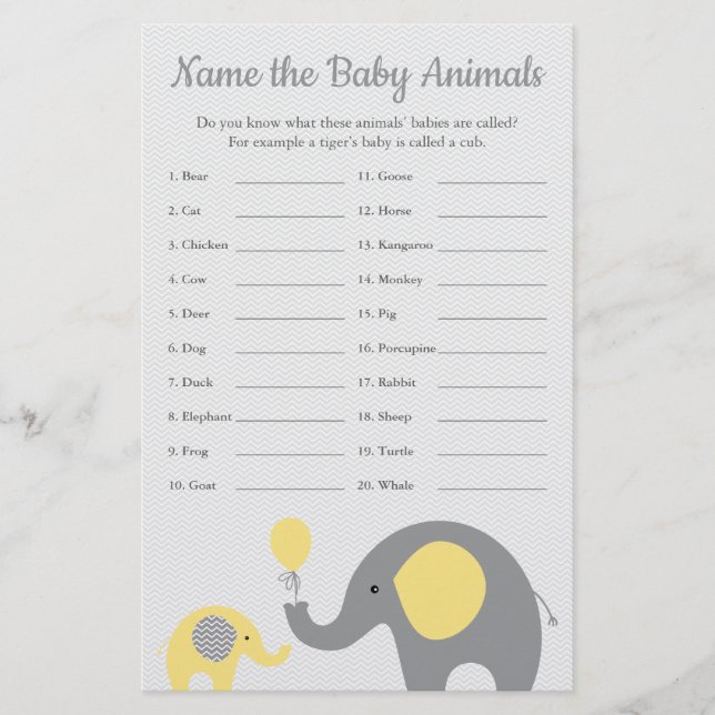 Flyer Juego de nombre animal para elefante amarillo Baby (Frente)