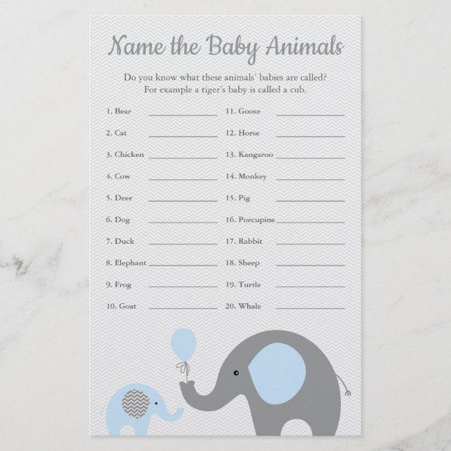 Flyer Juego de nombre animal para elefantes azules Baby  (Frente)
