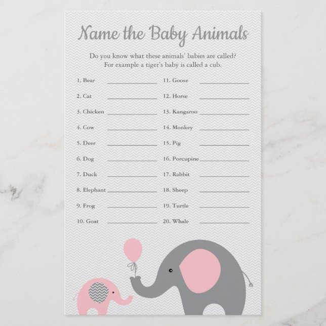 Flyer Juego de nombre animal para elefantes rosados Baby (Frente)