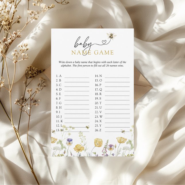 Flyer Juego de nombre bebé Bee Wildflower Baby Shower Ga (baby name game mama to bee wildflowers baby shower fun funny meadow garden outdoor)