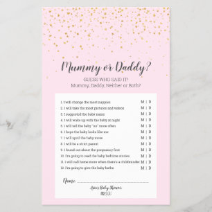 Flyer Juego de papi o momia rosada de Baby Shower con un