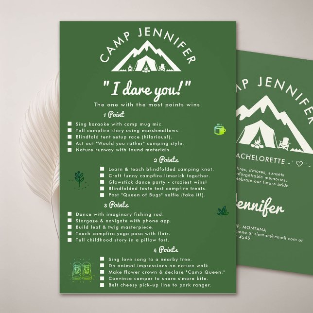 Flyer Juego de partido de Bachelorette Dare Forest Green (camp bachelorette party forest green game dare you)