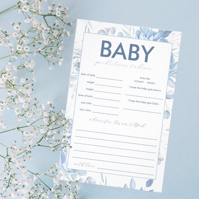Flyer Juego de predicciones y consejos para bebé con flo (Blue Floral Baby Predictions and Advice Baby Shower Game)