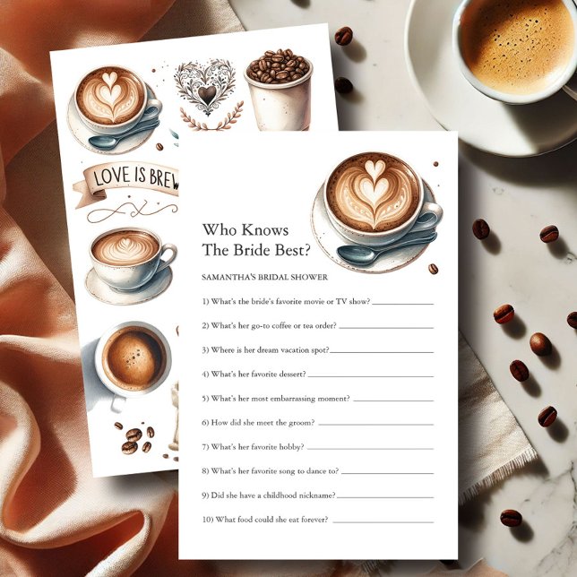 Flyer Juego de Preguntas para Despedida de Soltera Tema  (bridal shower games for a love is brewing coffee bridal shower theme)