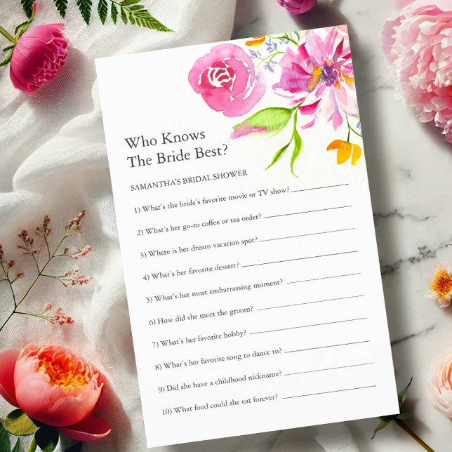 Flyer Juego de preguntas sobre la ducha de novia floral (love is in bloom bridal shower games watercolor pink floral art by Victoria Grigaliunas DoTellABelle)