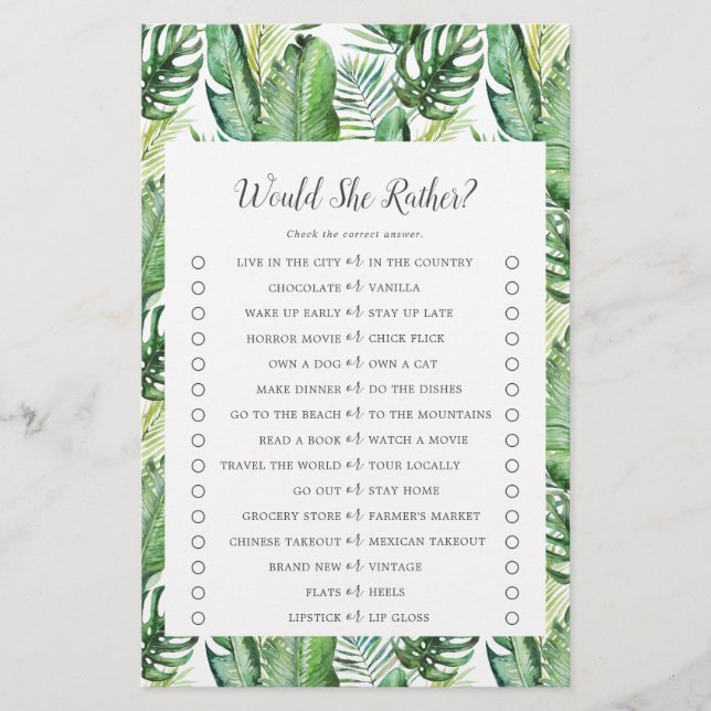 Flyer Juego de '¿Qué Prefiere?' de Palma Tropical Salvaj (Frente)