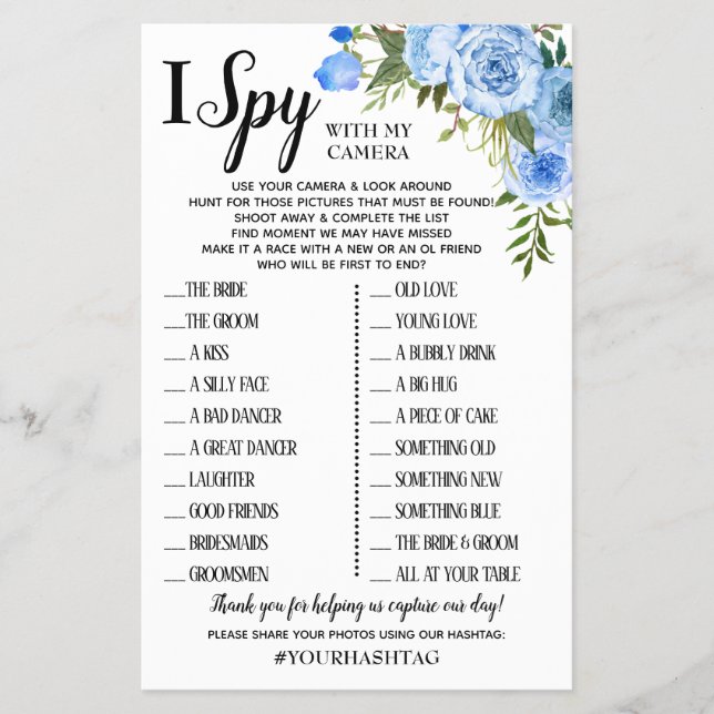 Flyer Juego de recepción de boda I Spy tarjeta en inglés (Frente)