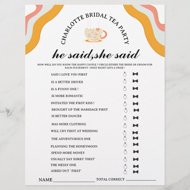 Flyer Juego de té nupcial Retro Él dijo Ella dijo  (Frente)