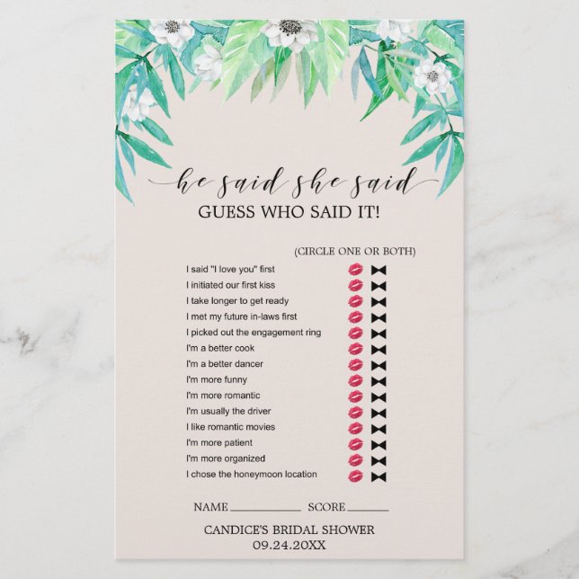 Flyer Juego "He Said She Said" de la guirnalda botánica  (Frente)
