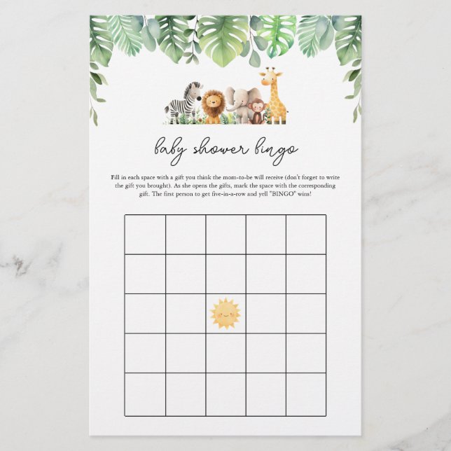 Flyer Juego Safari Baby Shower - Bingo Baby Shower (Frente)
