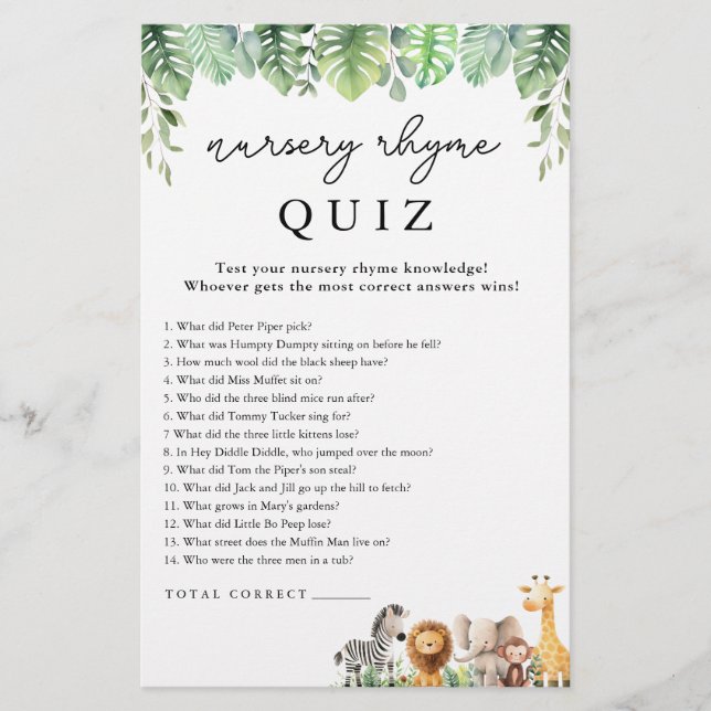 Flyer Juego Safari Baby Shower Juego Rhyme Rhyme Prueba  (Frente)