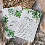 Flyer Juego salvaje Tropical Palm Bride y Groom Trivia<br><div class="desc">Este salvaje juego de trívia tropical con palmeras y novios es perfecto para una ducha de bodas con temática playera. El diseño presenta una exótica variedad de hojas de plátano de palmera de color agua verde, helechos, follaje, plantas botánicas y vegetación para un ambiente tropical de verano. Personalice la parte...</div>