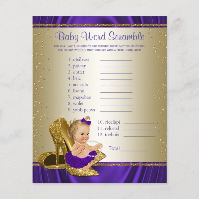 Flyer Juegos Baby Shower de Chica morado y dorado (Frente)
