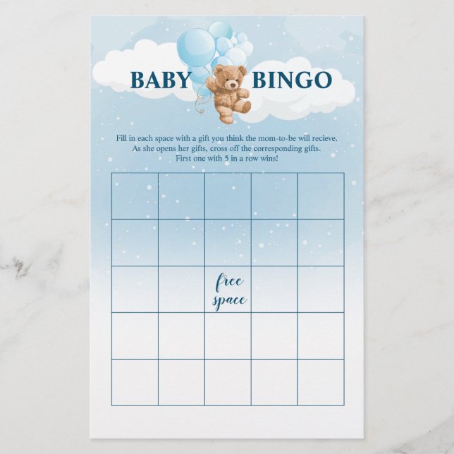 Flyer Juegos de Baby Shower Blue Teddy Bear BINGO (Frente)