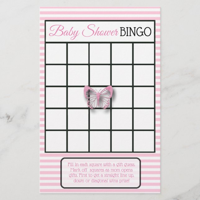 Flyer Juegos de Baby Shower con mariposa rosa (Frente)