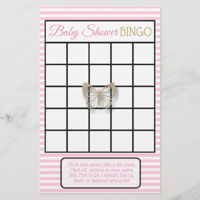 Flyer Juegos de Baby Shower con mariposa rosa y dorada (Frente)