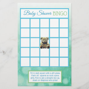 Flyer Juegos de baby shower niño oso de peluche azul y v