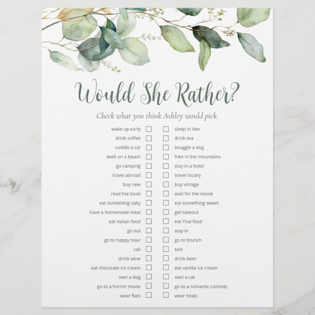 Flyer Juegos de ducha de novia LGBTQ Eucalyptus (Frente)