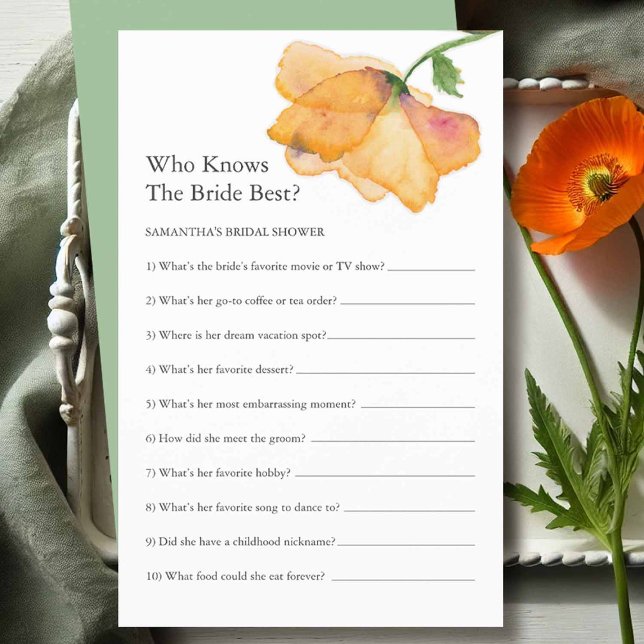 Flyer Juegos De Ducha De Novias Que Conoce La Floral De  (bridal shower questions game designed with hand painted watercolor orange poppy flowers)