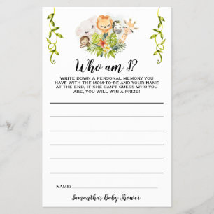 Flyer Jungle Animals Who are I Baby Shower Game Card