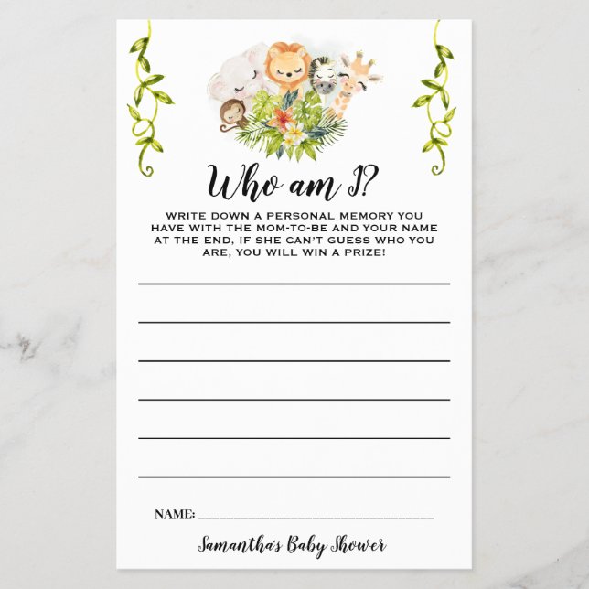 Flyer Jungle Animals Who are I Baby Shower Game Card (Frente)