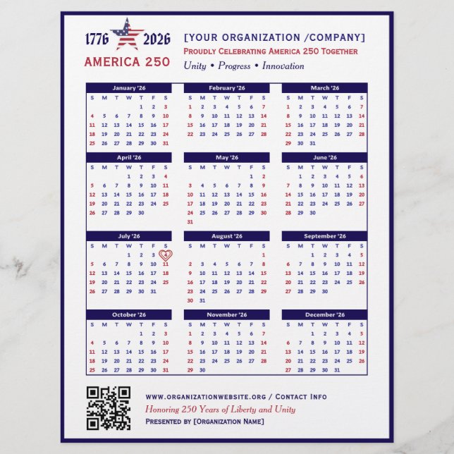 Flyer Keepsake del calendario de America 250 Patriotic B (Frente)