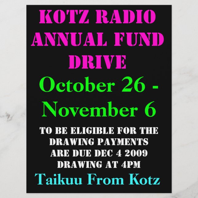 Flyer KOTZ RADIO ANUAL FUND DRIVE, 2009 , 26 de octubre. (Frente)