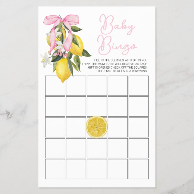 Flyer La Dolce Vita Lemon Pink Bow Baby Shower Bingo (Frente)