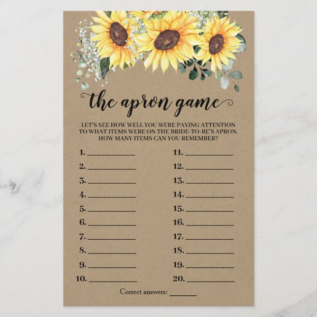 Flyer La tarjeta Apron Bridal Shower Greenery Sunflowers (Frente)