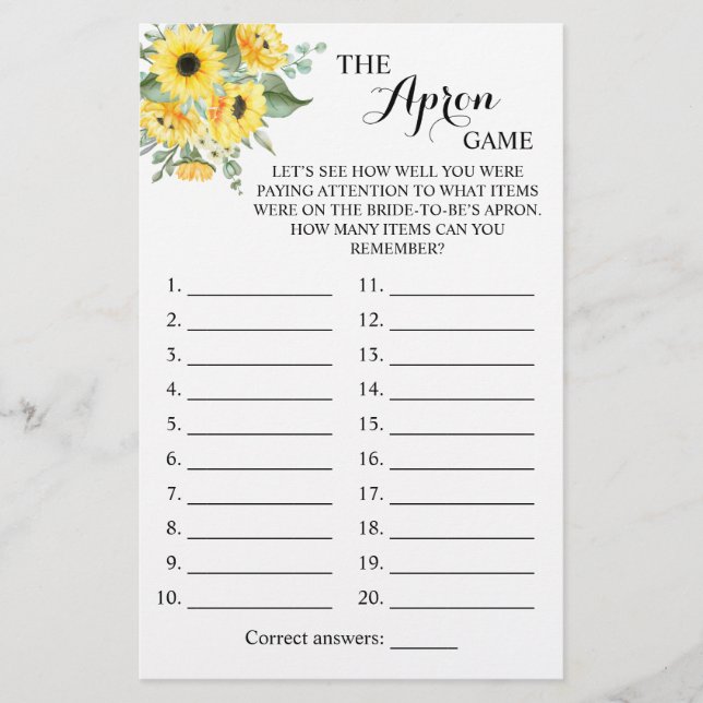 Flyer La tarjeta de juego Apron Shower Greenery Sunflowe (Frente)