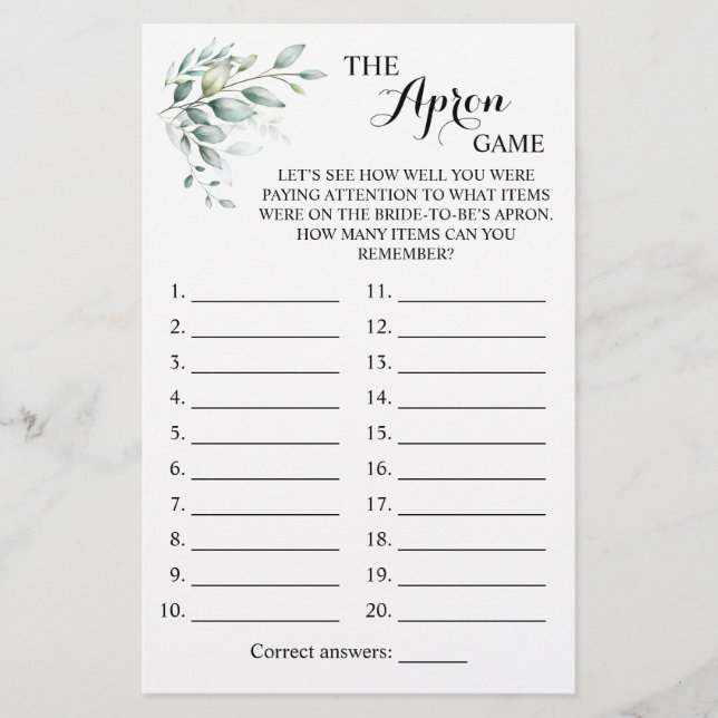 Flyer La tarjeta de juegos Apron Shower Greenery Eucalyp (Frente)
