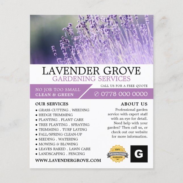 Flyer Lavanda morada, Servicio de Jardinería, Horticultu (Frente)