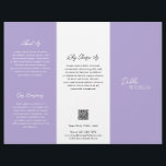 Flyer Lavanda púrpura simple código QR contemporáneo mod<br><div class="desc">Folleto de tríplio púrpura / lavender moderno y profesional con un diseño sencillo y mínimo con tu nombre en un guión elegante y una fuente sans serif contemporánea. La plantilla incluye varias secciones divididas para sus servicios en un diseño minimalista. La parte posterior tiene la información de contacto y el...</div>
