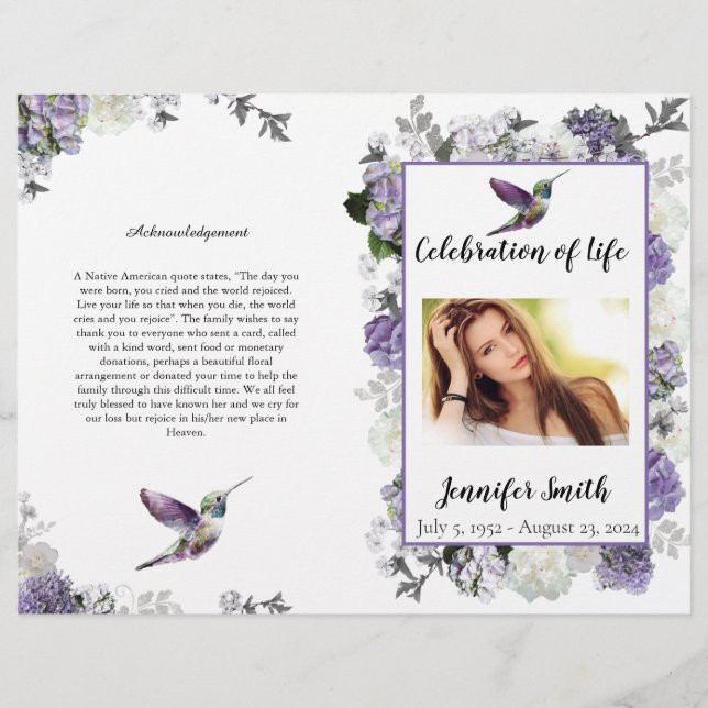 Flyer Lavender Hydrangea Hummingbird FuneralFlyer (Frente)