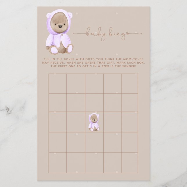 Flyer Lavender Teddy Bear Juego de Bingo Baby Shower (Frente)