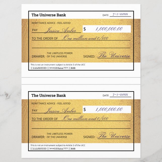 Flyer Law of Attraction Blank Printable Gold Check  (Frente)