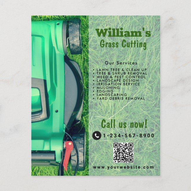 Flyer Lawn Mowing Grass Cuidando el Césped Código QR (Frente)