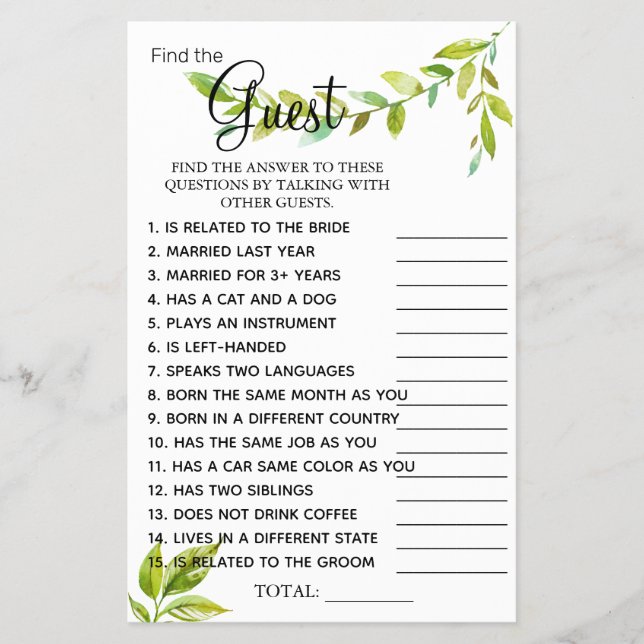 Flyer Leads Find the Guest Bridal ducha tarjeta de juego (Frente)