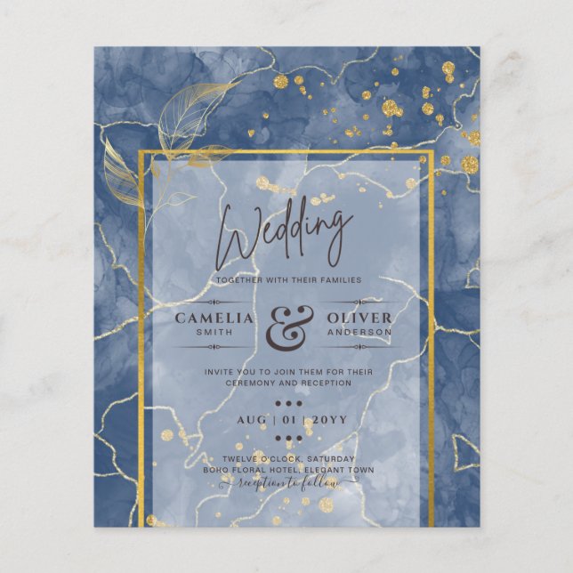 Flyer LeahG Blue Gold INK Resumen de boda (Frente)