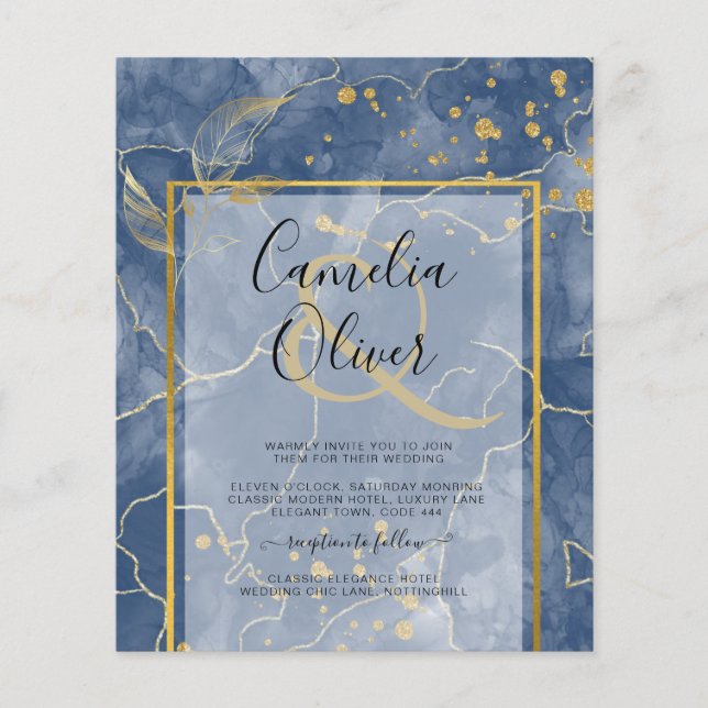 Flyer LeahG Blue Gold INK Resumen de boda (Frente)